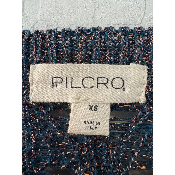 Anthropologie Pilcro Sz XS Blue Green‎ Gold Metallic Open Knit Viscose Sweater - Picture 2 of 9